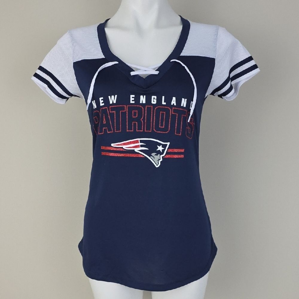 Team Apparel New England Patriots Navy and White Short Sleeve Lace Up Top Size S